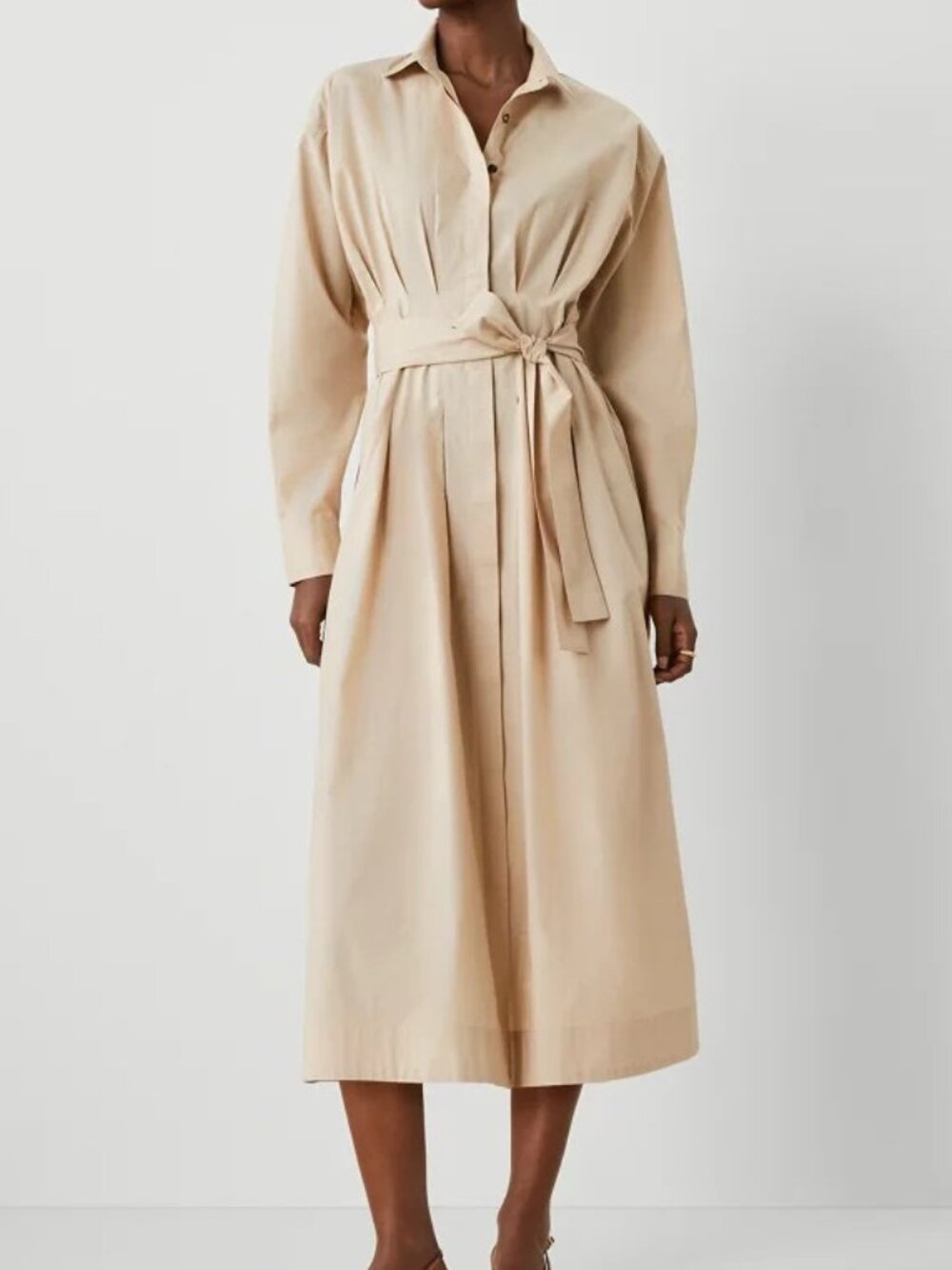 ANN TAYLOR PETITE PLEATED MIDI SHIRTDRESS BUTTON DOWN TOASTED OAT TAN 0 P NWT